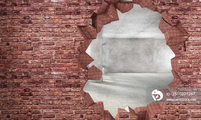 破碎的红砖墙，带大洞，可在房间内观看。3D渲染