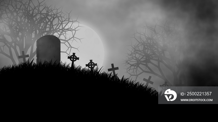 Scary and haunted cemetery on hill at night concept design background