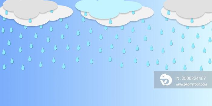 Monsoon season background with clouds and raindrops blue backdrop