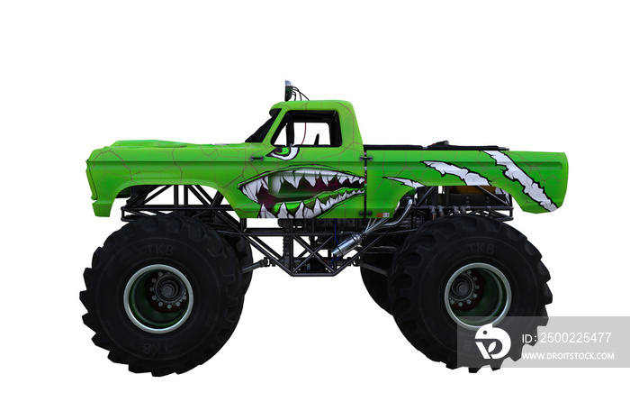 Side view of a green monster truck with monster face paintwork. 3D illustration isolated on a white 