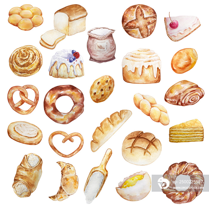 Watercolor illustration of pastry and baked goods