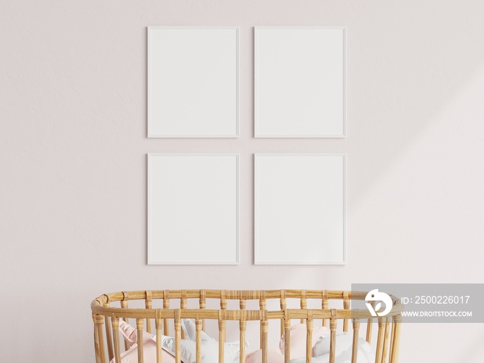 Nursery frame mockup, girl room interior, 3d render