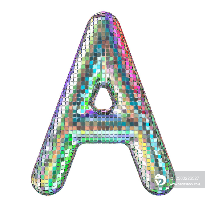 迪斯科字体，来自闪光镜面的字母A。3D渲染