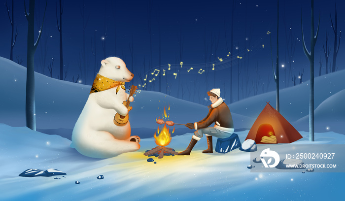 Polar bear and barbecue man playing guitar in the snow at night. illustration