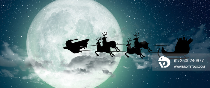 Super Santa Claus Man, a super hero flying over the full moon leading his reindeer at night Christma