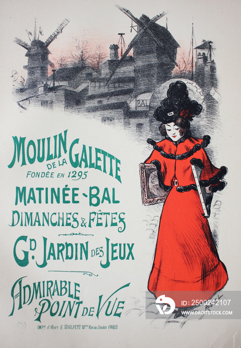 The advertising poster with woman in red dress  in the vintage book Les Maitres de LAffiche, by Rog