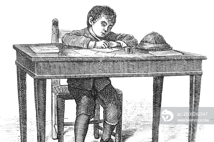 孩子写信-复古雕刻插图，1894年
