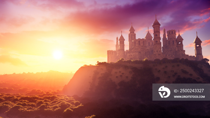 concept art of majestic ancient castle at sunset with natural environment