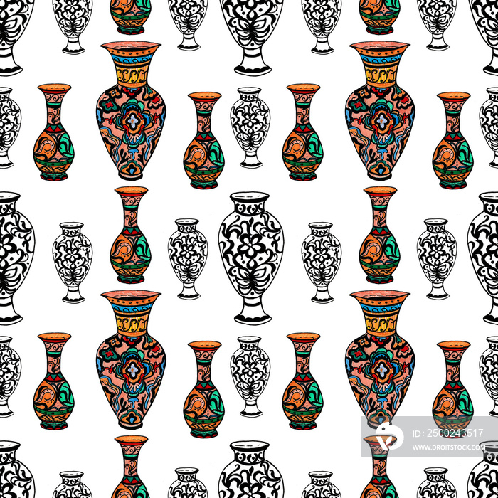 Chinese, Greek vases with ornaments. Hand-drawn illustration. Print, textiles, folk motives, traditi