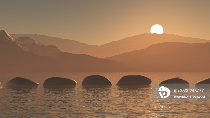3D stepping stones in the ocean against a sunset mountain landscape