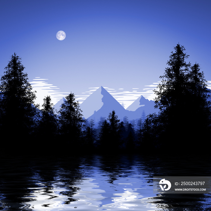 blue forest lake illustration