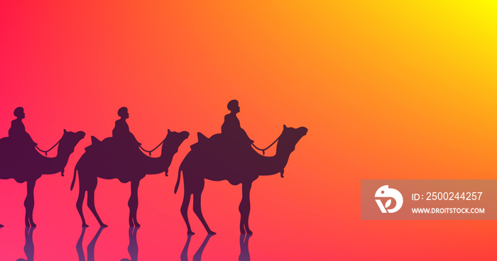 Image of three wise men on camels over glowing yellow to red background