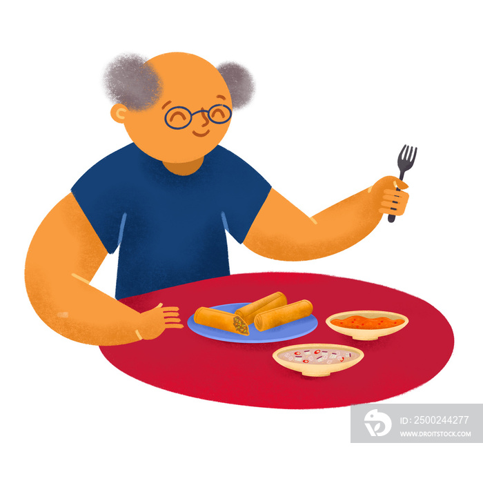 Filipino old man eating lumpia fried spring roll with condiments