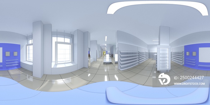 spherical panoramic render of the store, interior visualization, 3D illustration