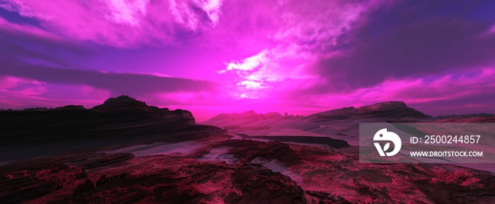 alien landscape, a panorama of a surface of another planet at sunrise,