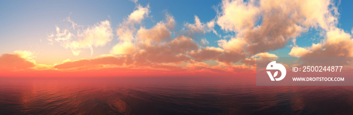 美丽的海上日落，日落时的海洋全景，水面上的云朵，海上的日出