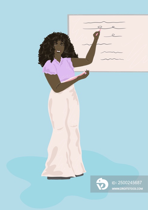 Woman pointing at whiteboard