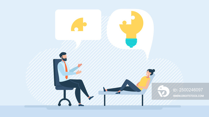 The patient receives support from a specialist. Problem-solving. Flat illustration, psychotherapy, u