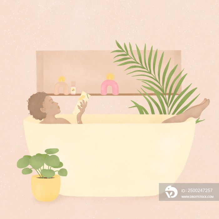 self love self care routine young African American woman enjoying a relaxed bath