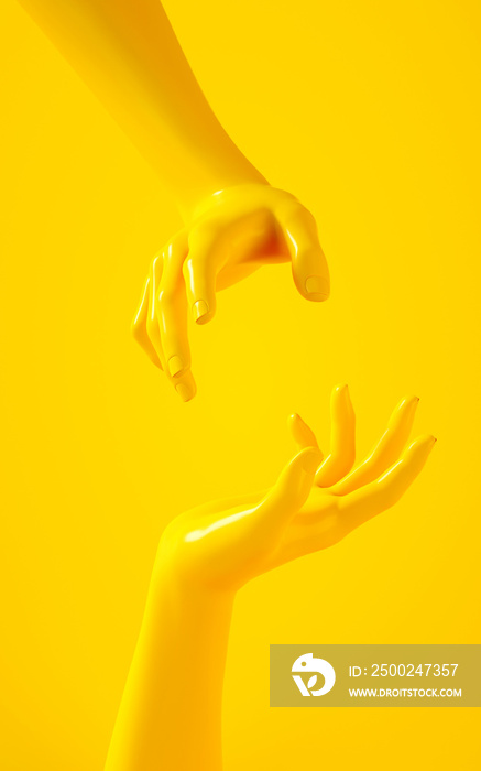 黄色手的三维渲染图。人体部位。平面设计项目的概念场景