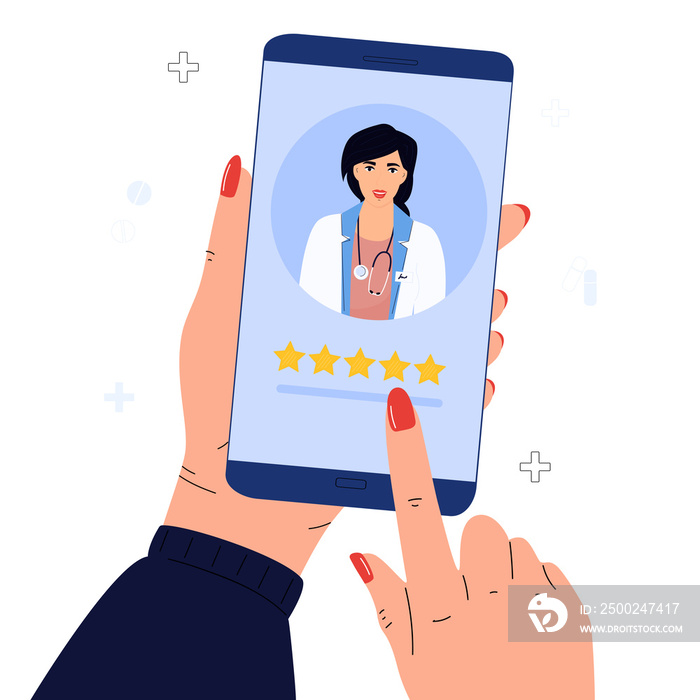 A satisfied patient leaves a good review to the doctor using the mobile application. Hand rates five