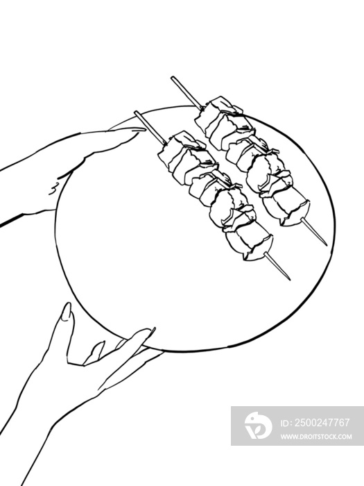 一个女人在盘子里端着烤串的手的插图