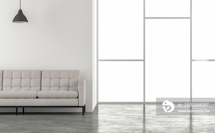 最小阁楼风格的客厅3d渲染。有混凝土地板，白色墙壁。用白色装饰