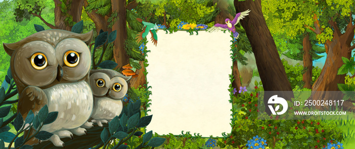 森林中猫头鹰家族的卡通场景-插图