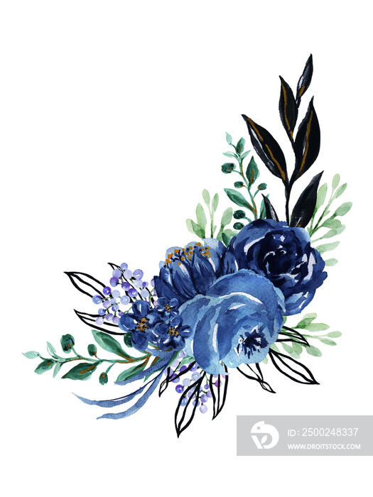 水彩优雅复古海军蓝靛蓝色花束和树叶手绘