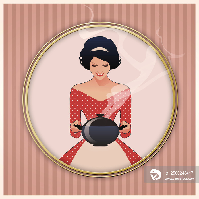 Beautiful housewife dressed in the style of the 50s in a polka dot dress, carrying a steaming pot on