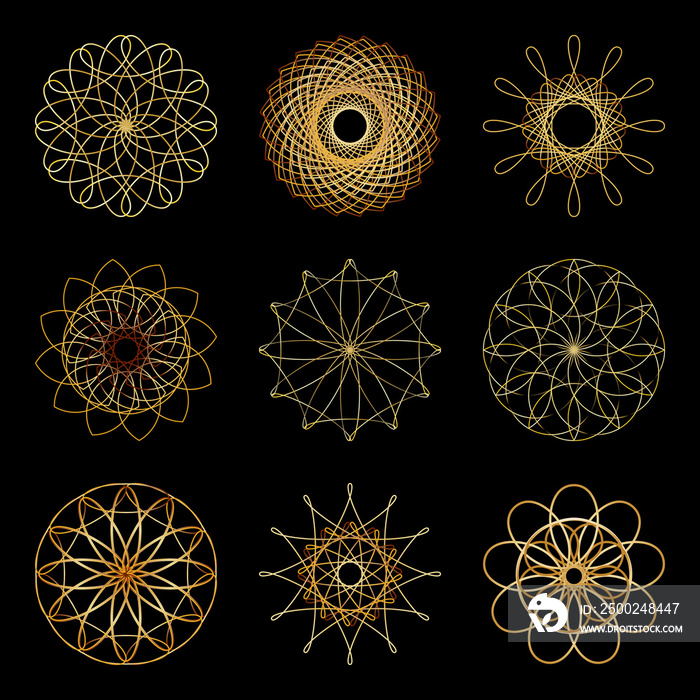 Set gold circular pattern. Kaleidoscope. East ornament.  Good for greeting cards, invitations. Print