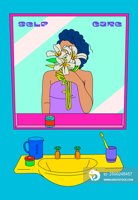 Girl with curly hair holding sampaguita flowers in front of a mirror