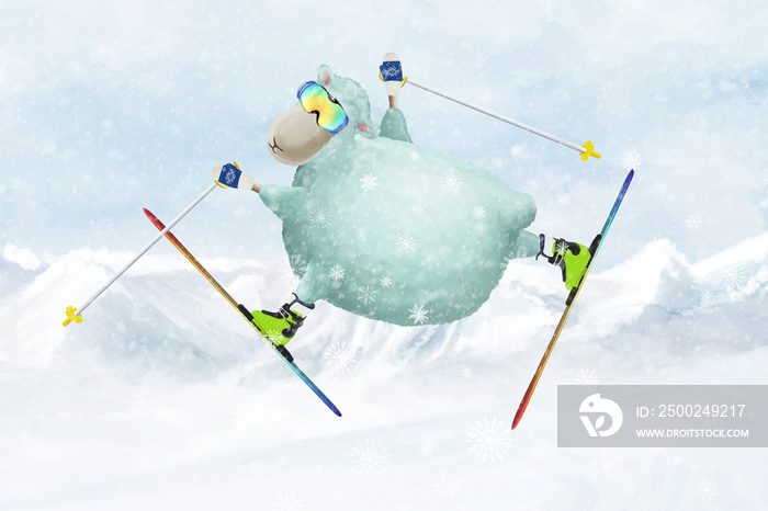 卡通绵羊滑雪，在空中快乐跳跃。冬季漫画幻想