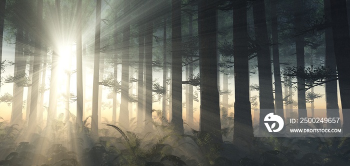 Forest in the morning in a fog in the sun, trees in a haze of light, glowing fog among the trees, 3D