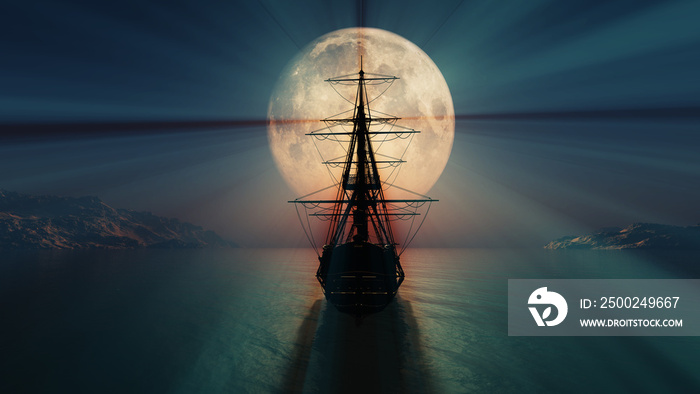 old ship in the night full moon illustration