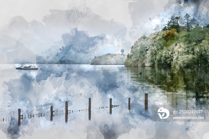 Digital watercolor painting of Stunning landscape image of Derwentwater in English Lake District dur