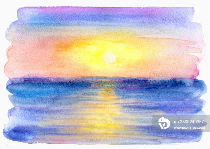 Hand drawn watercolor Sea background. Landscape of pink sunrise, sunset on the sea. Watercolor illus