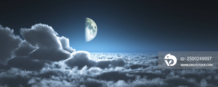 Cloudy landscape at night under the moon, the moon above the clouds, panorama of the clouds, banner,