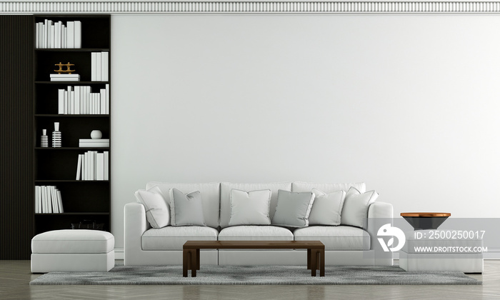 现代豪华客厅室内设计，白色沙发和空的白色图案墙背景，3d