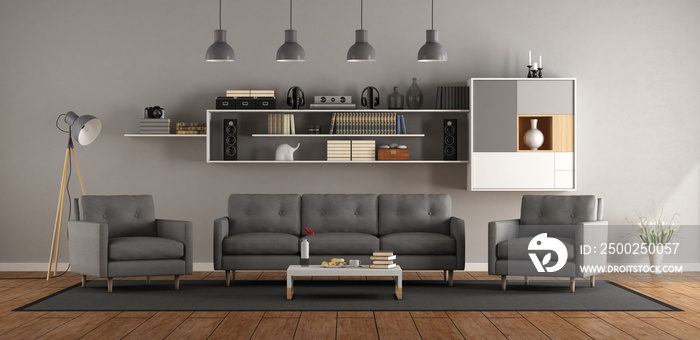 Modern living room with sofa ,armchair and bookcase - 3d rendering