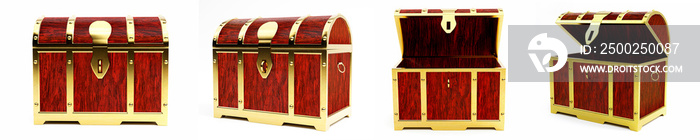 Set of Treasure chest or retro treasure box Made with red painted wood and gold metal. isolated on w