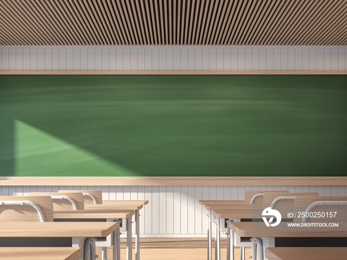 现代现代教室，空黑板3d渲染，教室有白墙和木头
