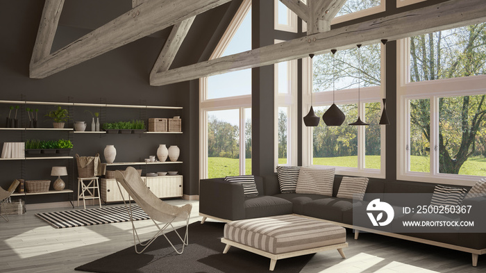 Living room of luxury eco house, parquet floor and wooden roof trusses, panoramic window on summer s