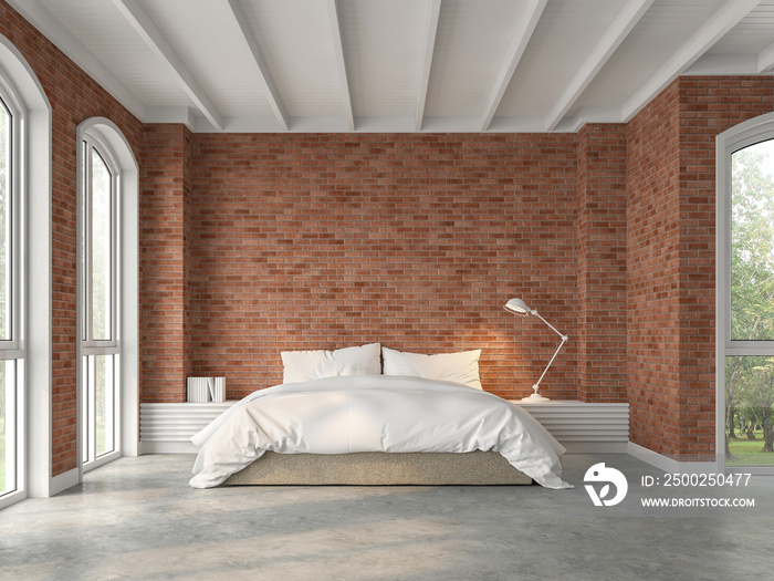 Modern loft bedroom 3d render,There are polished concrete floors, red brick walls decorated with whi