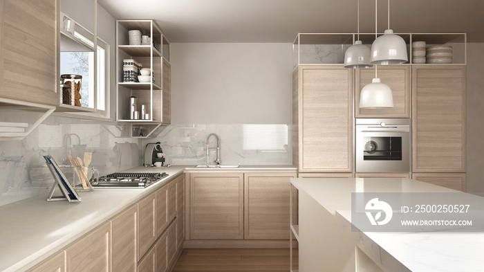 Modern white kitchen with wooden details and parquet floor, modern pendant lamps, minimalistic inter