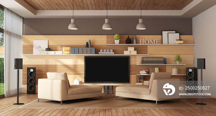 Modern living room with home cinema system - 3d rendering