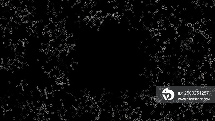 Abstract white schematic chemical formulas creating a ring on a black background, seamless loop. Ani