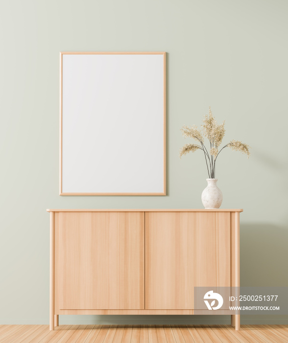 Mock up poster frame in scandinavian style interior with wooden drawer. Minimalist interior design. 