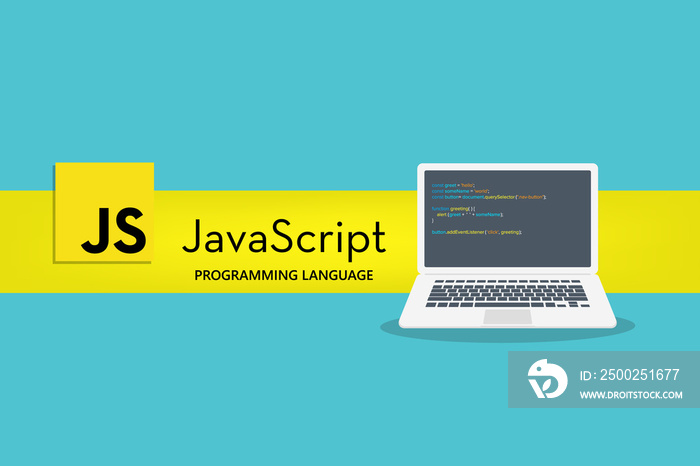 javascript programming language with script code on laptop screen