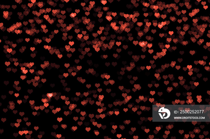 Red bokeh hearts lights on black background. Overlay for graphic editor. Valentines day card concept